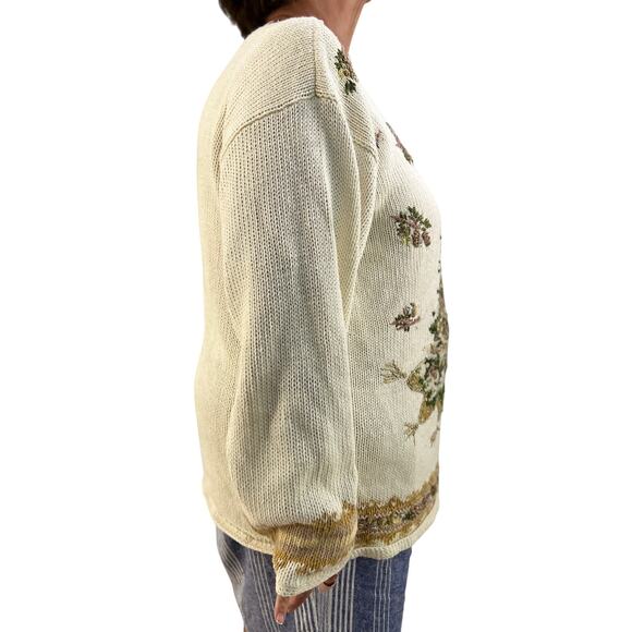 Vintage Christmas Tree Sweater Ivory Neutrals Gold Beaded Embellished by Tiara - Picture 6 of 8